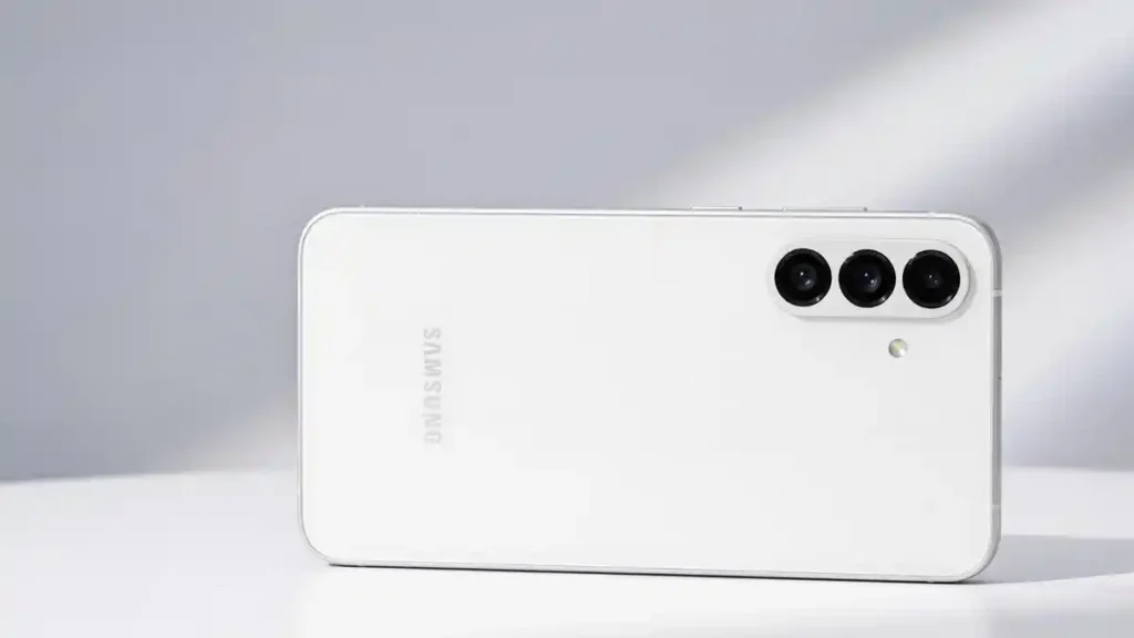 Rear camera setup of Samsung Galaxy A57 on a stylish desk.