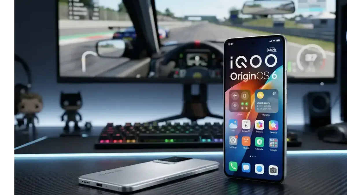 iQOO 15R 5G front and back design on a stylish desk.