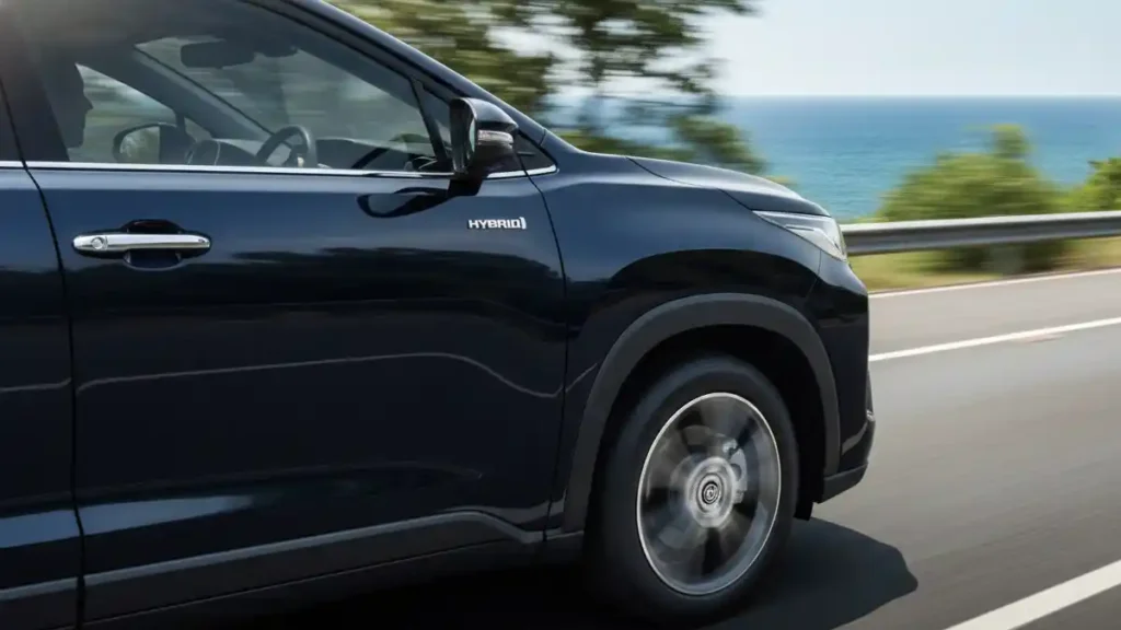 Side view of Toyota Innova Hycross highlighting the Hybrid badging and alloy wheels.