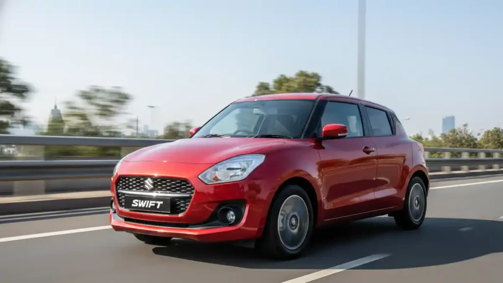 Maruti Suzuki Swift running on a highway with motion blur.