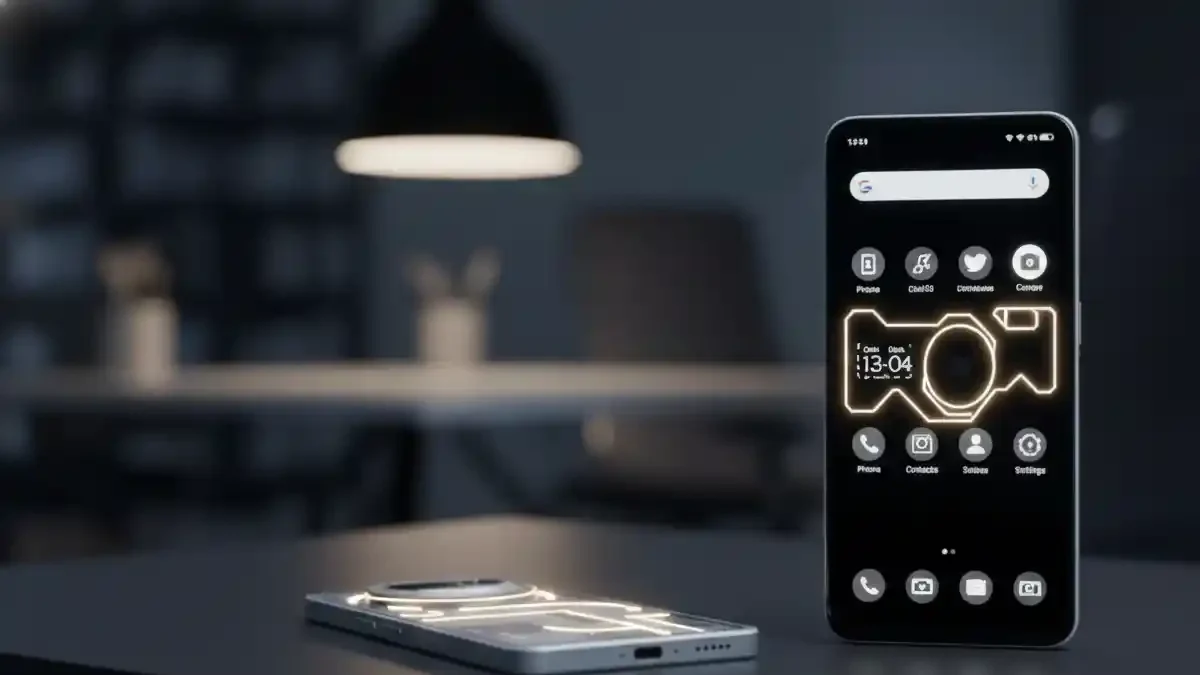 Nothing Phone 4a front and back transparent design with Glyph Bar on a stylish desk.