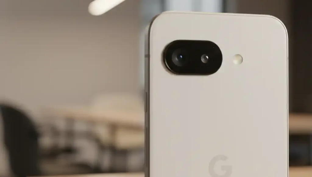 Close-up shot of Google Pixel 10a camera lens.