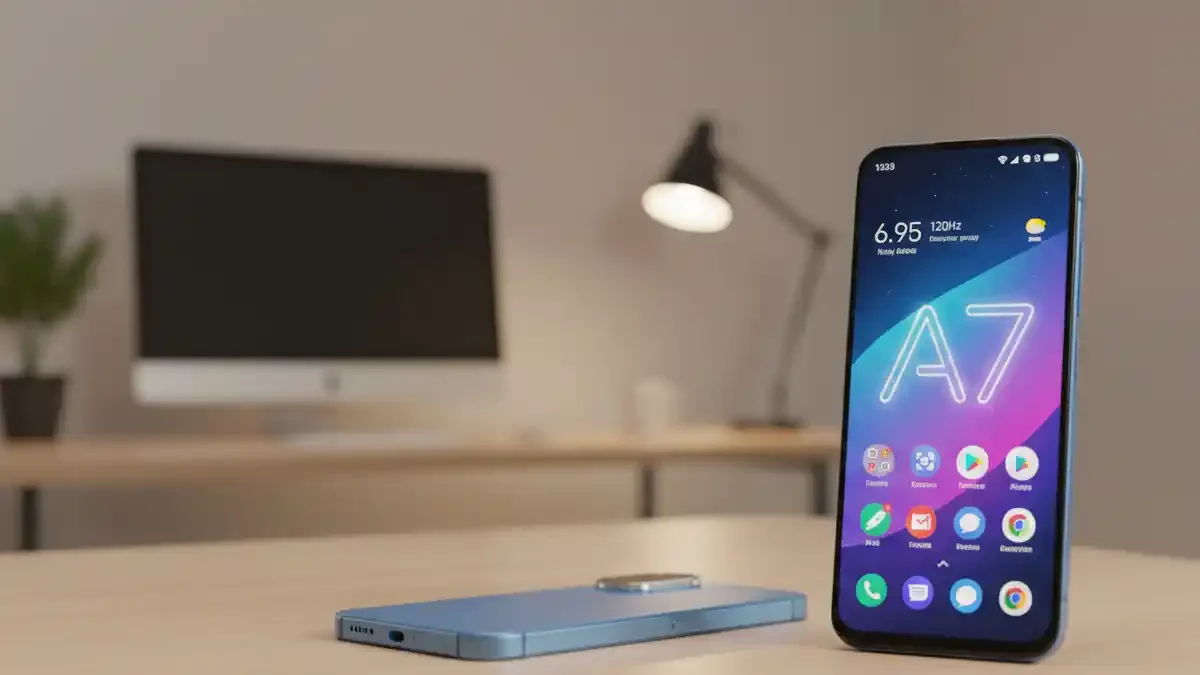 Redmi A7 front and back design visualization on a stylish desk.