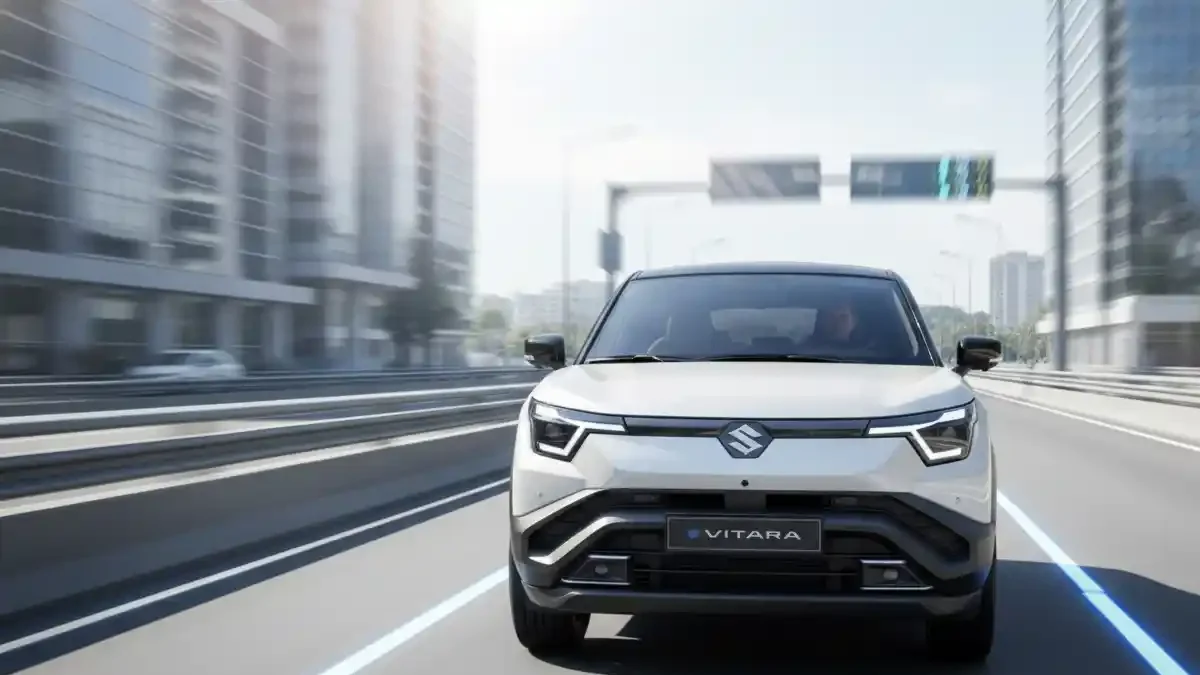 Maruti Suzuki e Vitara running on a highway with a driver.