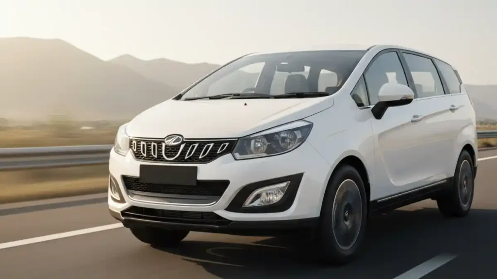 Mahindra Marazzo MPV running on a highway with motion blur.