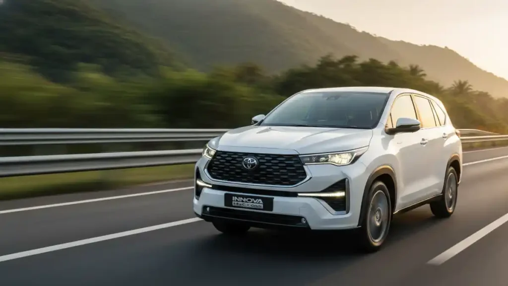 Toyota Innova Hycross hybrid MPV running on a highway with motion blur.
