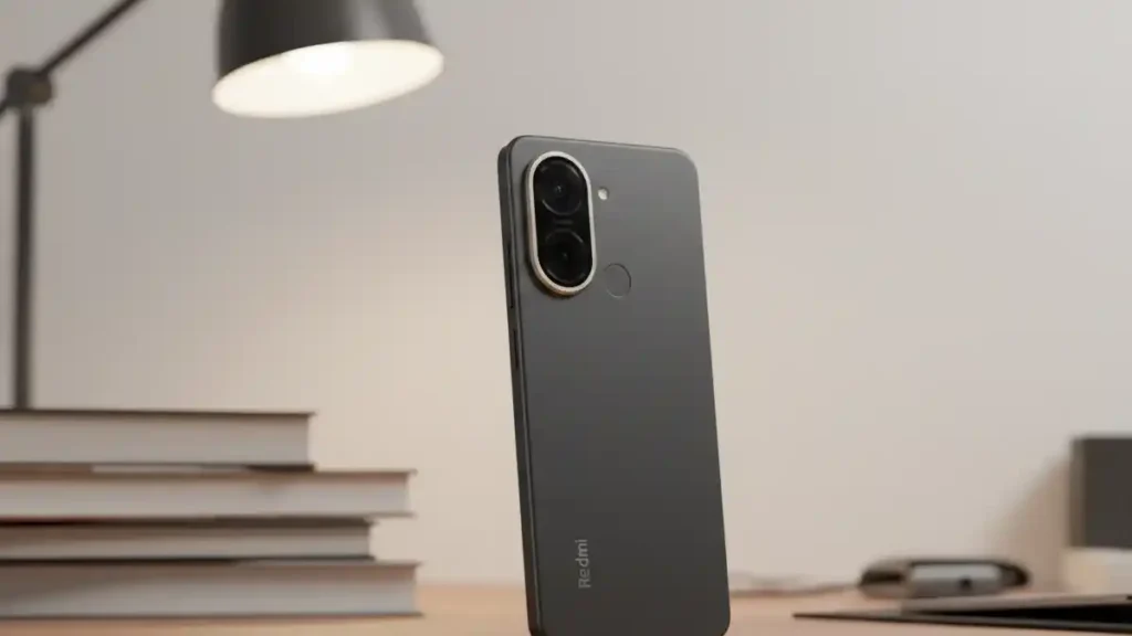 Rear view of Redmi A7 highlighting the camera module on a stylish desk.