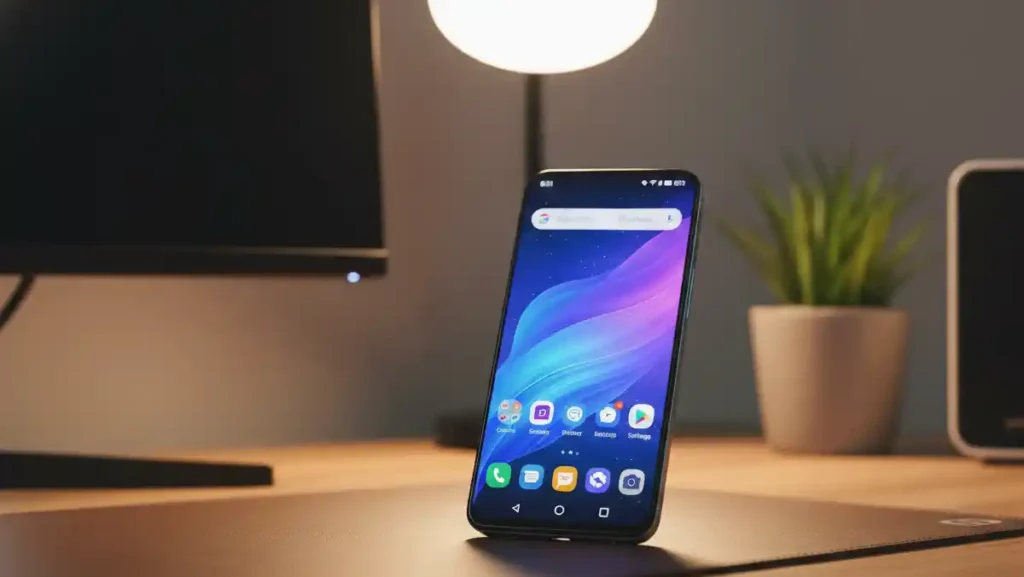 Front view of Vivo X300 FE showcasing the compact display on a stylish desk.