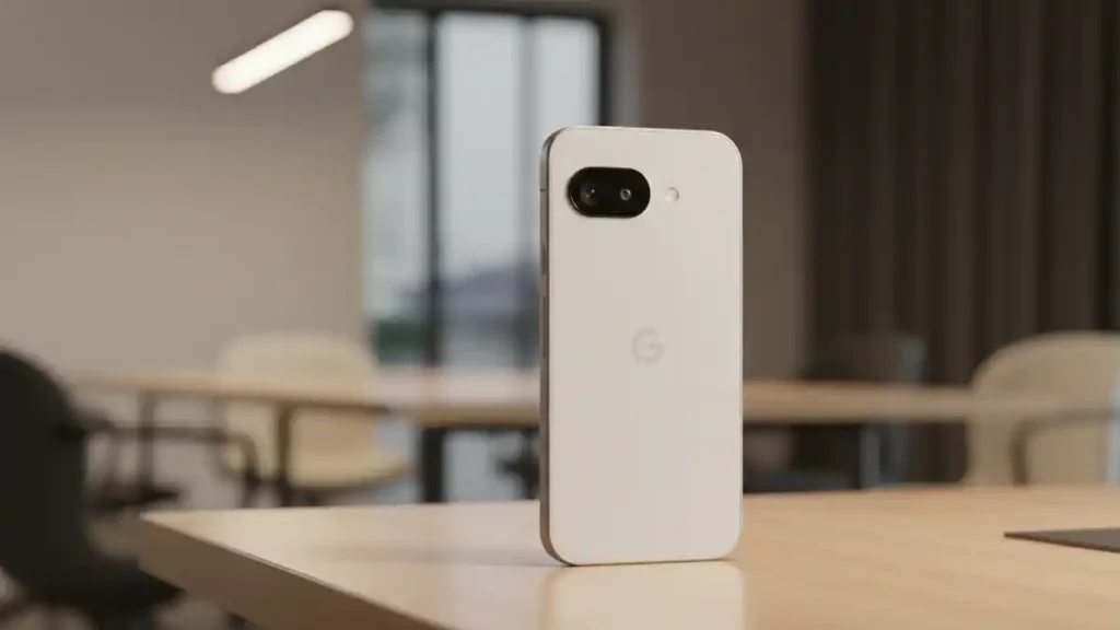 Rear camera setup of Google Pixel 10a on a stylish desk.