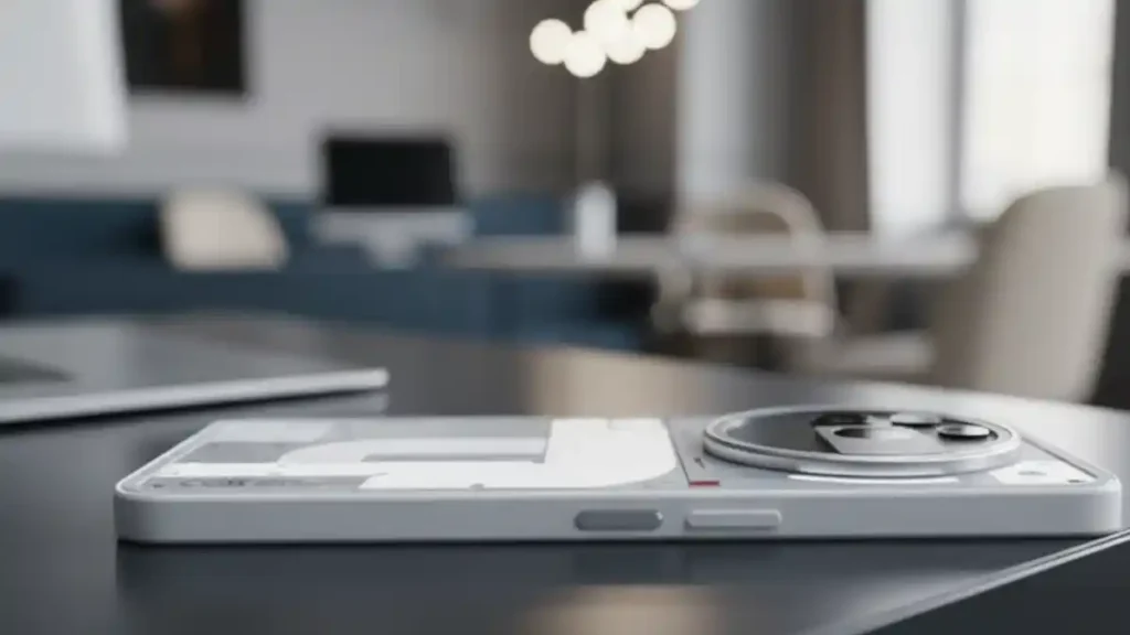 Rear transparent design of Nothing Phone 4a Pro on a stylish desk.