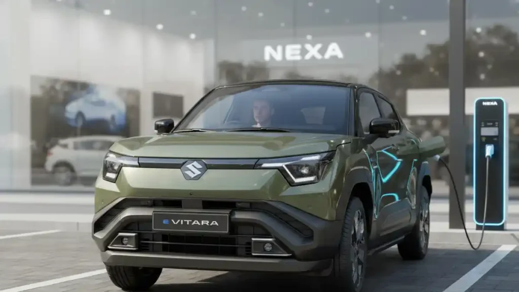 Front view of Maruti Suzuki e Vitara with a driver at a charging station.
