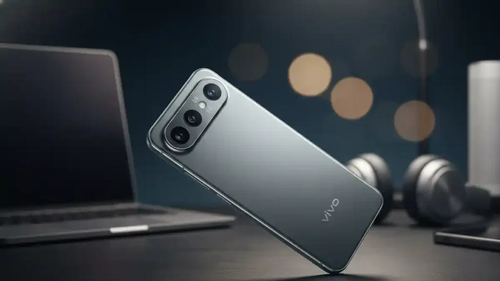 Rear ZEISS camera setup of Vivo X300 FE on a stylish desk.