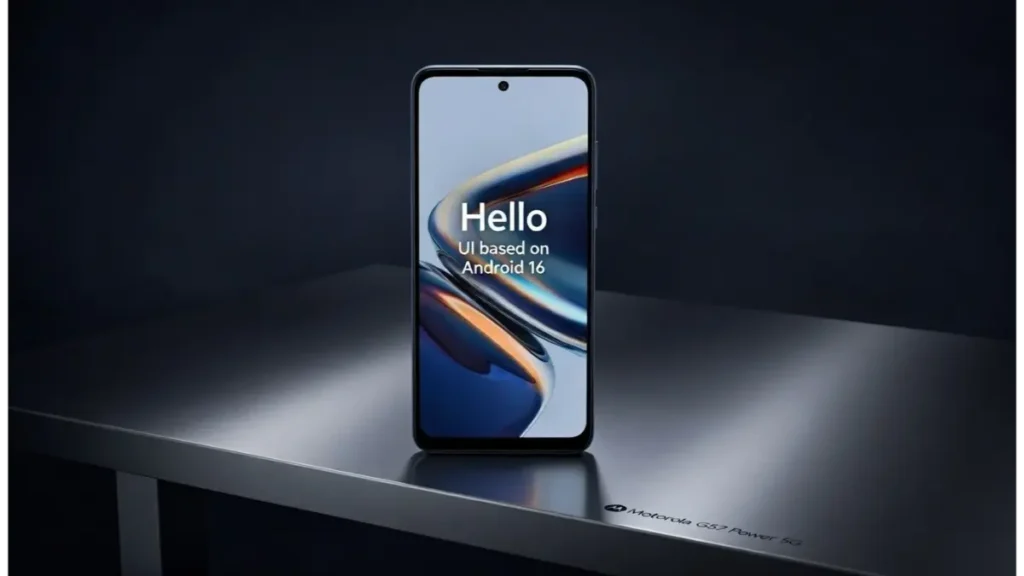 Motorola G57 Power 5G front display with Android 16 Hello UI.