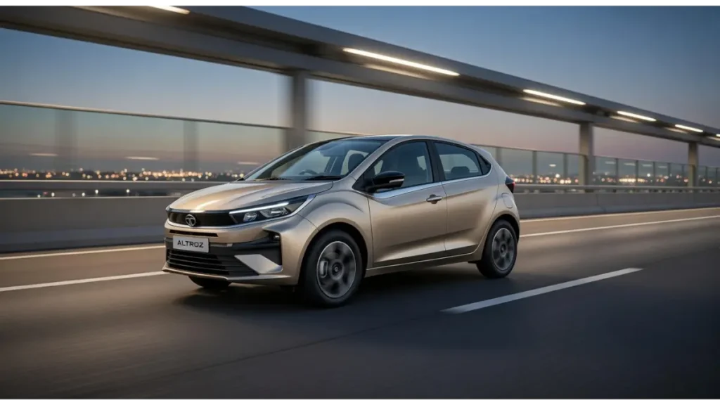Tata Altroz premium hatchback running on a highway.