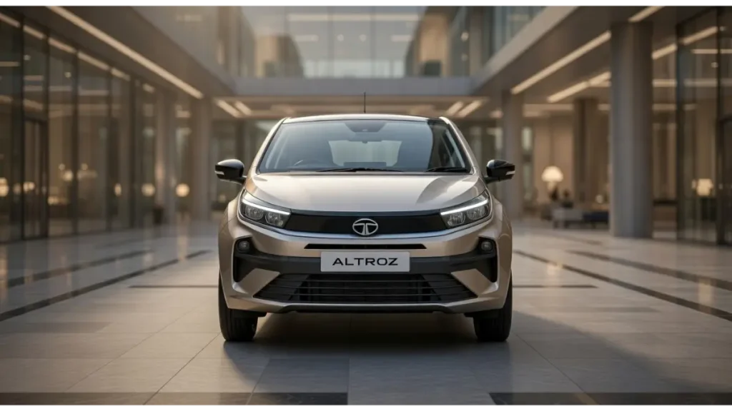 Front view of Tata Altroz showcasing its sharp design and grille.