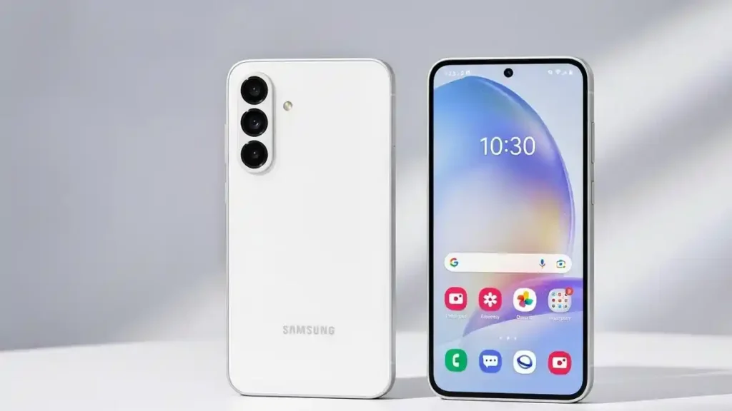 Samsung Galaxy A57 front and back design on a stylish desk