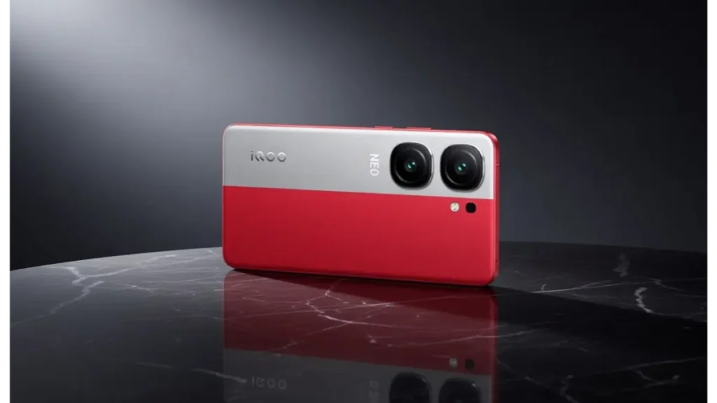 iQOO Neo 10 back design visualization on a stylish desk.