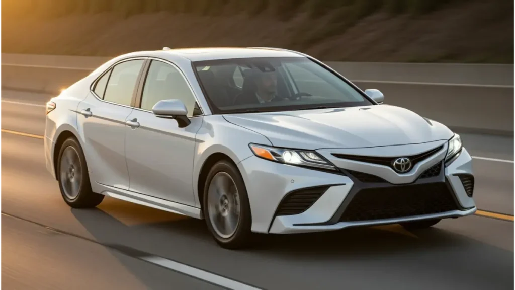 Toyota Camry hybrid sedan running on highway