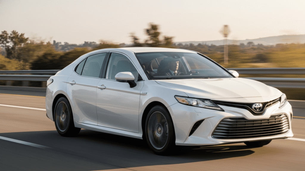 Toyota Camry hybrid sedan running on highway with driver