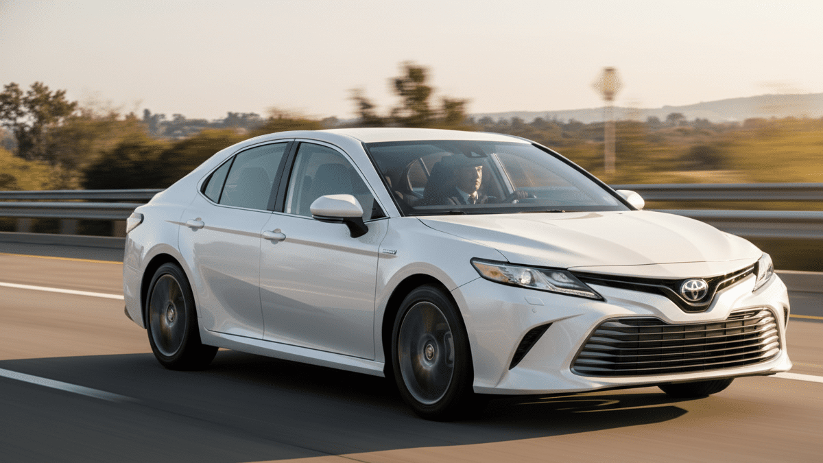 Toyota Camry hybrid sedan running on highway with driver