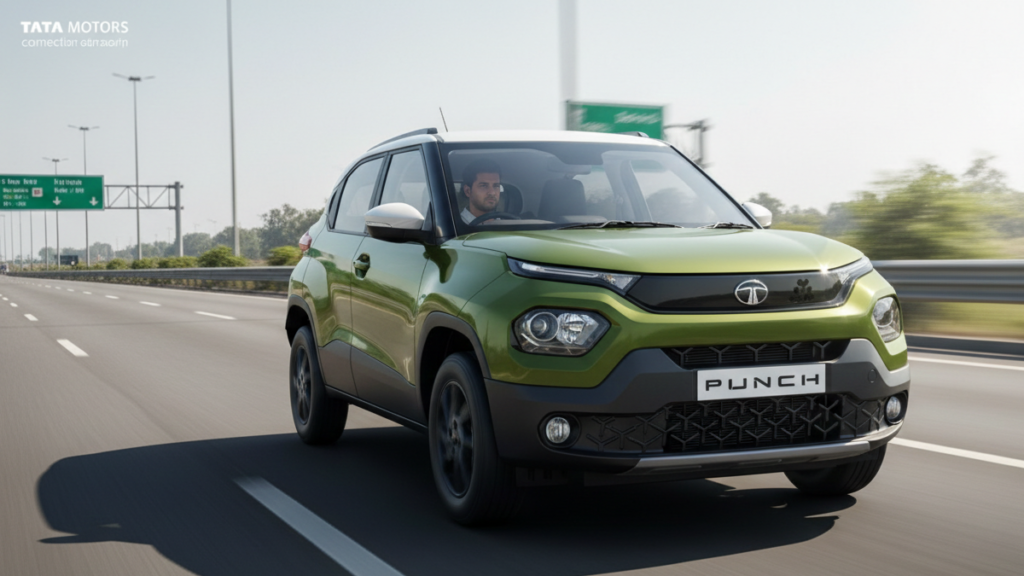 Tata Punch micro SUV running on highway in India