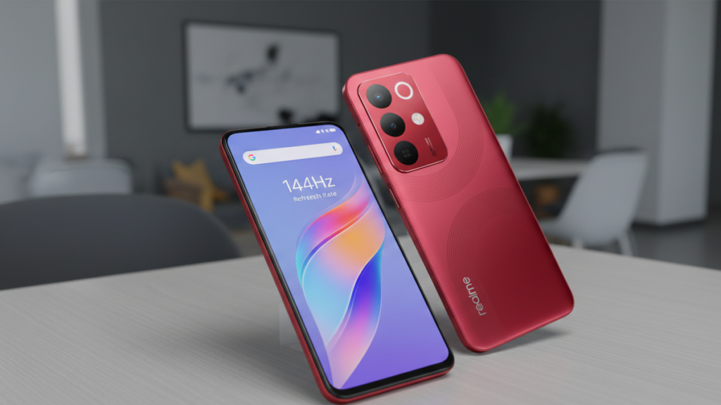 Realme Narzo 90x 5G Maroon Red edition front and back design.