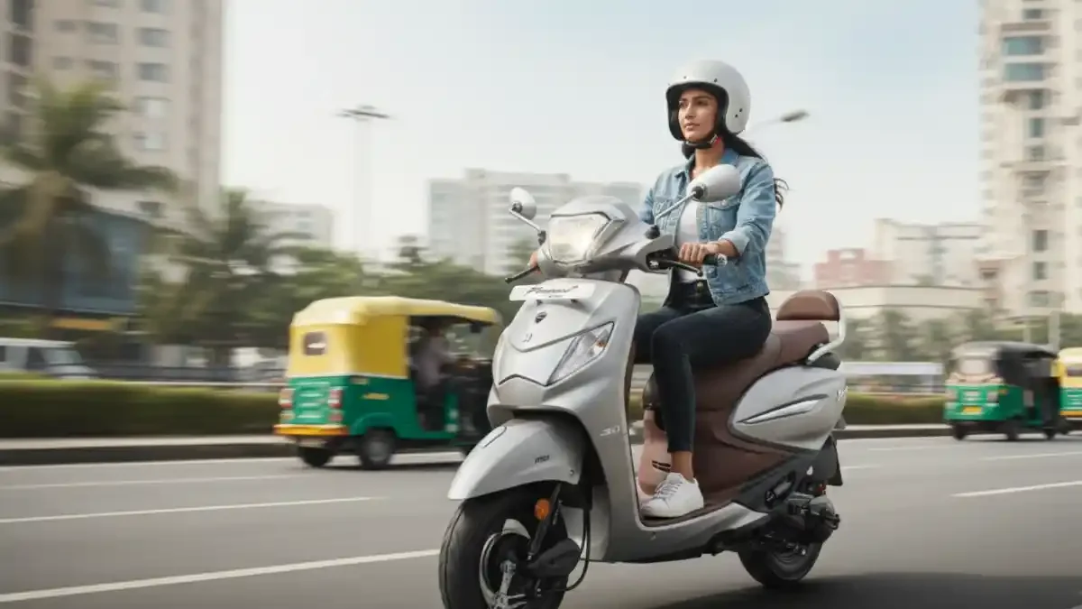 Hero Pleasure Plus electric scooter being ridden on a city road.