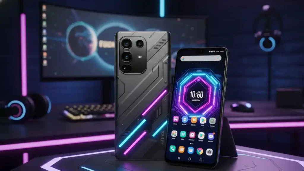 Infinix GT 50 Pro front gaming display and back mecha design on a stylish desk.