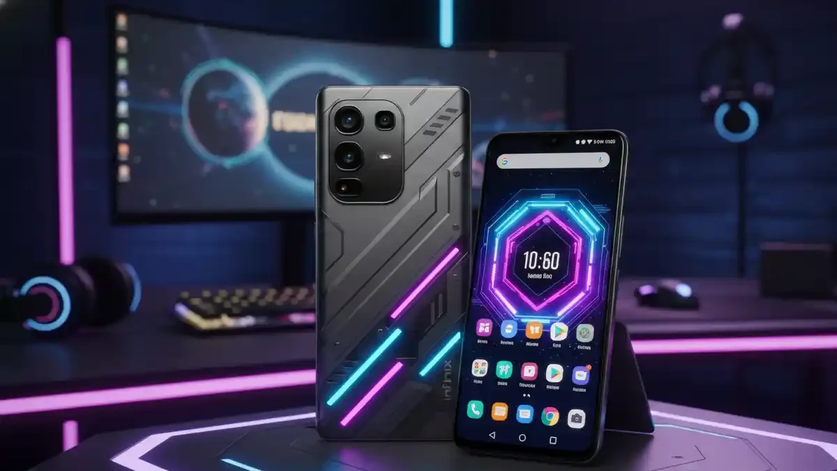 Infinix GT 50 Pro front gaming display and back mecha design on a stylish desk.