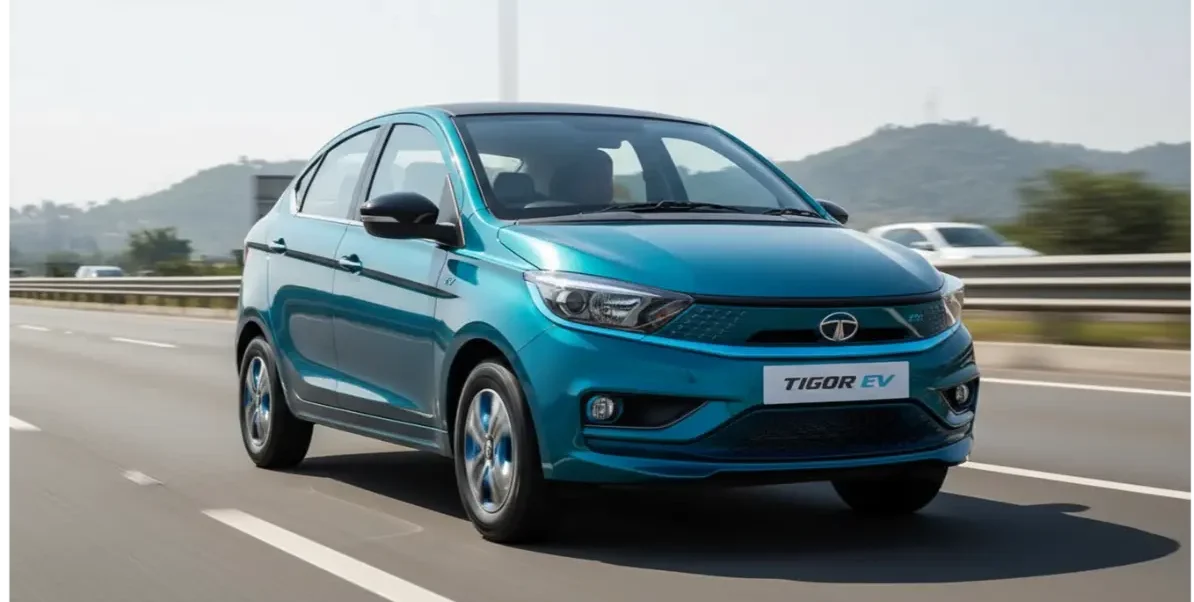 Tata Tigor EV electric sedan driving on highway