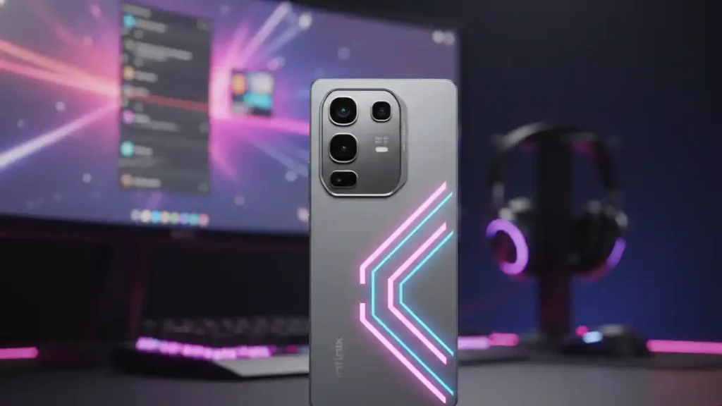 Rear camera setup and LED lights of Infinix GT 50 Pro on a stylish desk.