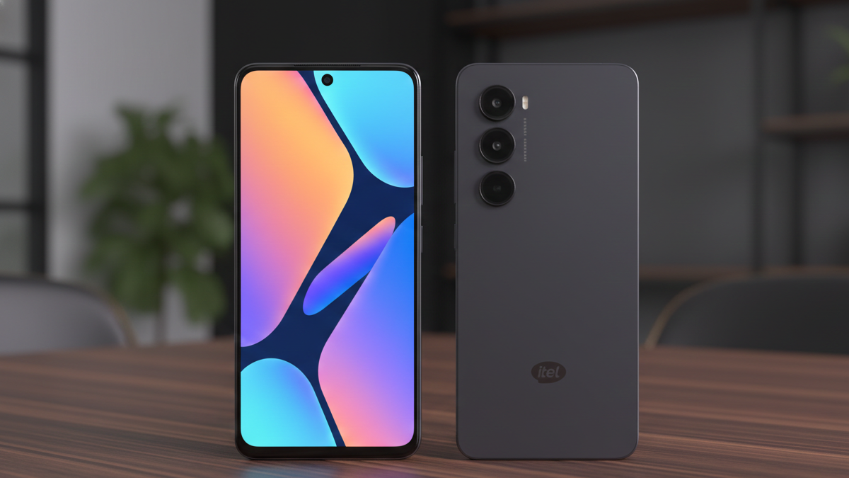 itel A100 front and back view on table