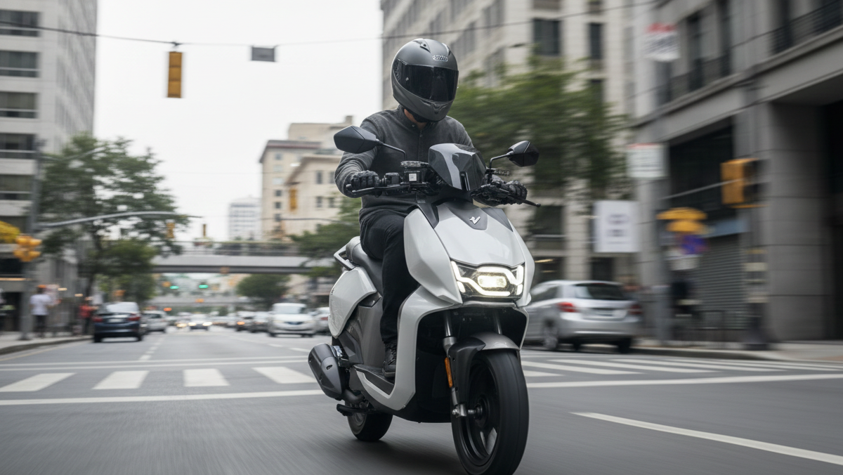 Hero Vida V1 electric scooter being ridden on a city road.