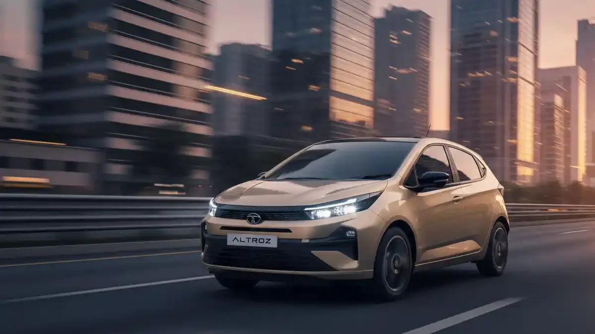 Tata Altroz premium hatchback running on a scenic highway.