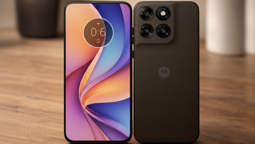 Moto G77 front and back design on table