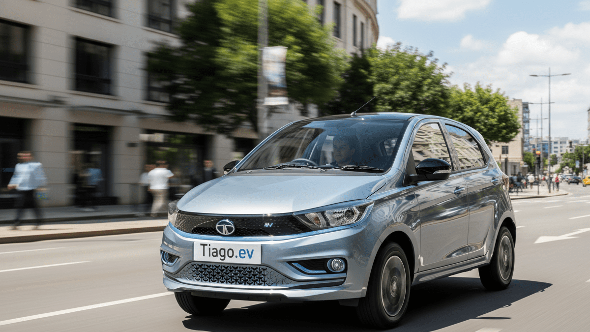 Tata Tiago EV running on city road