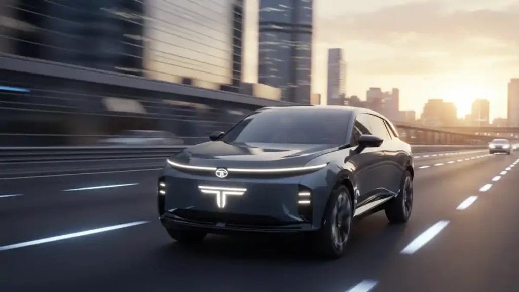 Tata Avinya concept electric car showcasing its futuristic design on road.