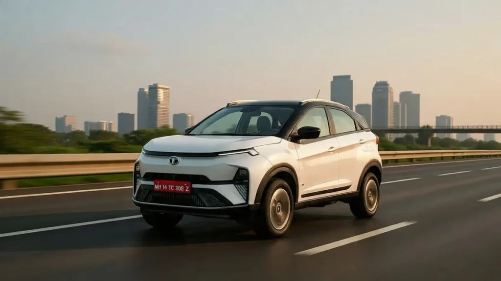 Tata Nexon compact SUV running on open highway showcasing design and safety