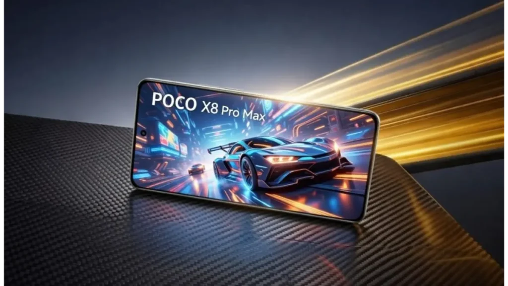 Front view of Poco X8 Pro Max showcasing its vibrant AMOLED display.