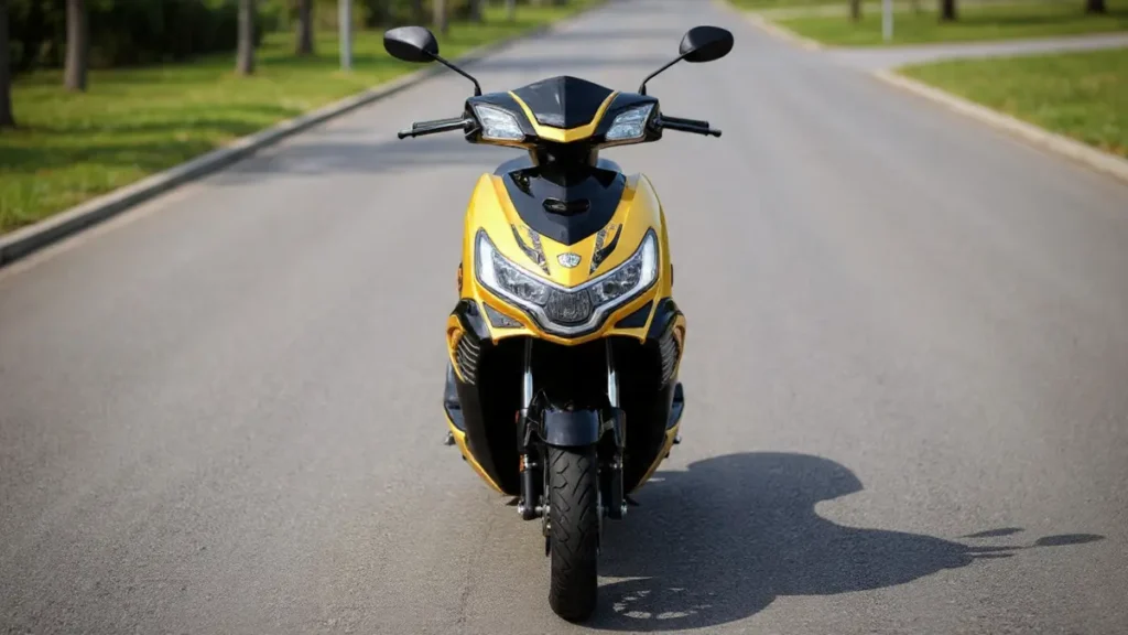 Front view of Okinawa Praise Pro showcasing LED headlights and DRLs.