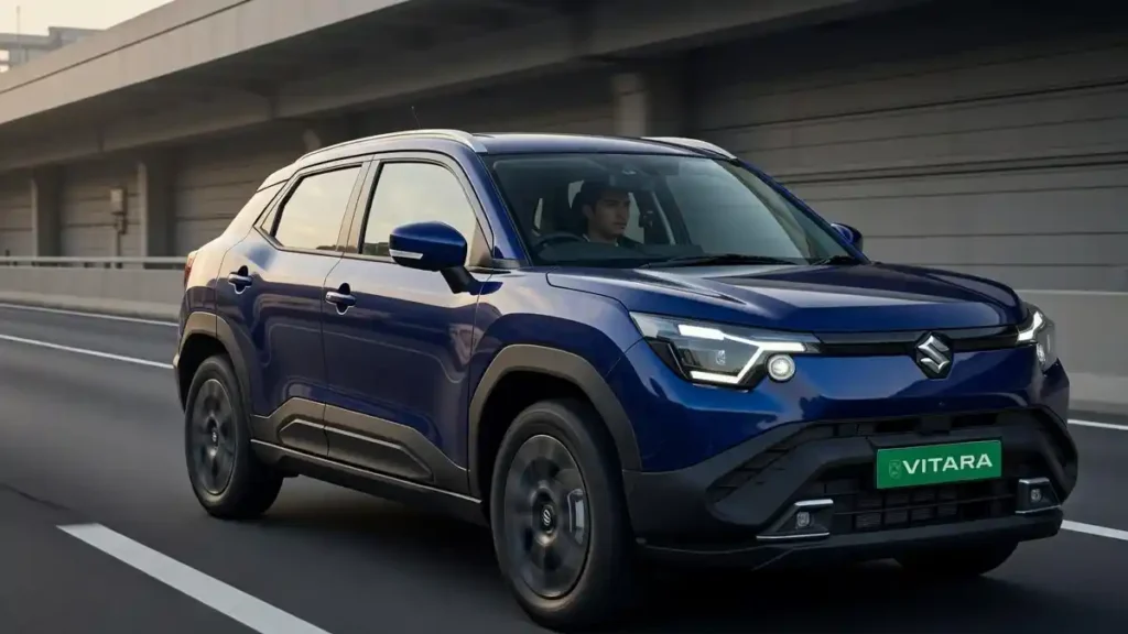 Maruti Suzuki evx electric SUV running on a highway with a driver.