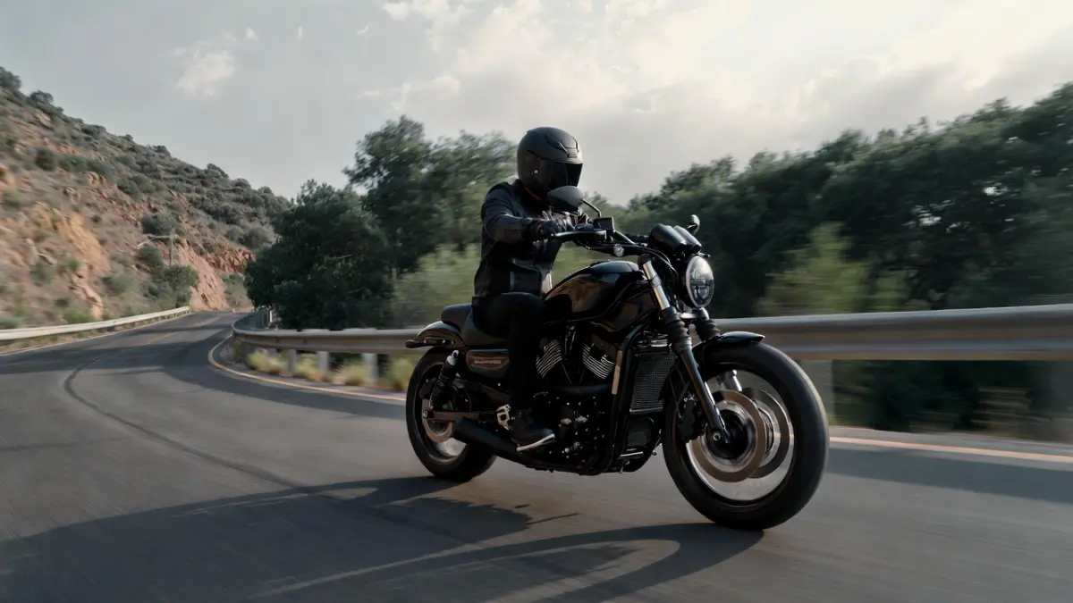 Kawasaki Eliminator cruiser bike being ridden on a scenic highway.