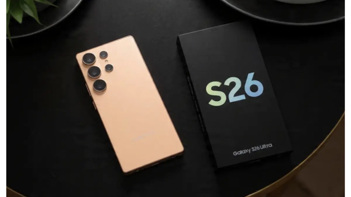 Samsung Galaxy S26 Ultra leaked design with front and back view on table