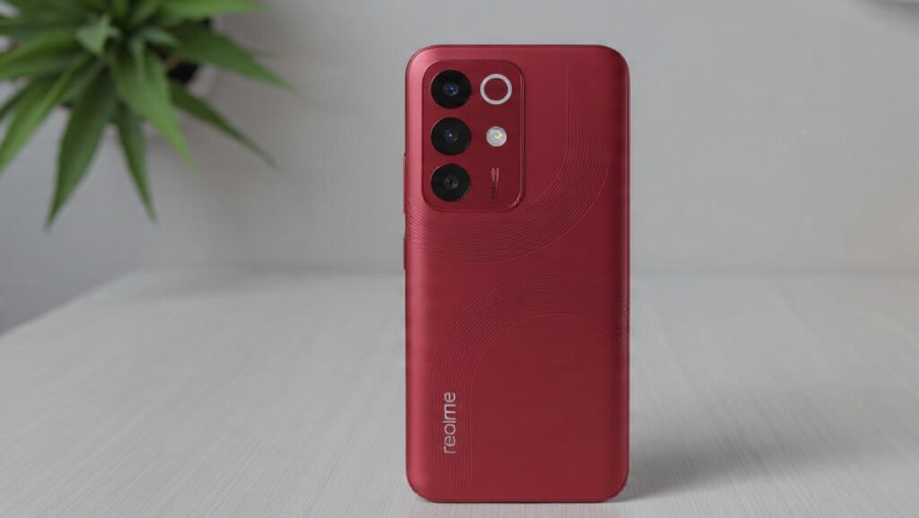 Rear camera setup and Maroon Red back panel of Realme Narzo 90x 5G.