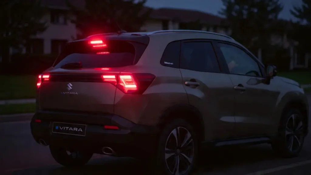 Rear view of Maruti Suzuki e Vitara highlighting the tail lamps.