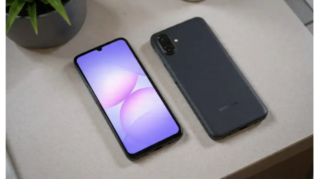 Samsung Galaxy F70e 5G front and back on table