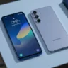 Samsung Galaxy S25+ front display and back panel design view.