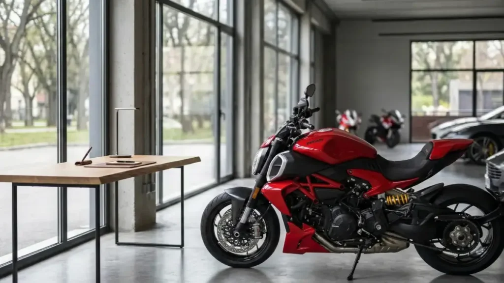 Side view of Ducati XDiavel V4 in Burning Red finish.