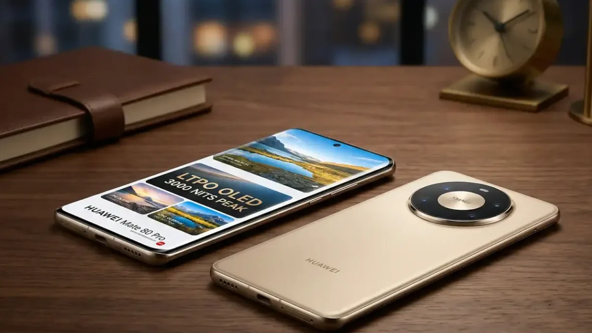 Huawei Mate 80 Pro front and back design visualization on a stylish desk.