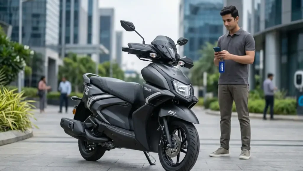 Front view of Yamaha Ray ZR 125 with a rider in a modern setting.